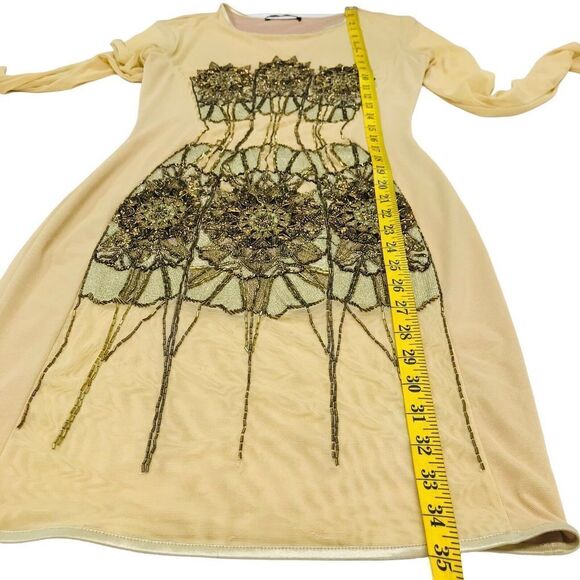 Kora Rae Mesh Beaded Dress Size M Beige Mini Bodycon Long Sleeve Embellished - Picture 15 of 16